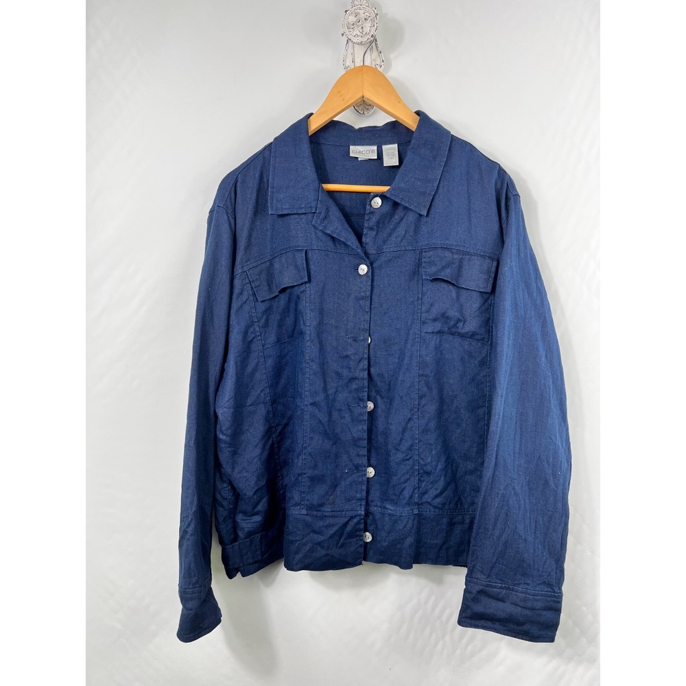 Chico's Jacket Womens 3‎ Navy Blue Linen Button Front Pleated Hem Lightweight